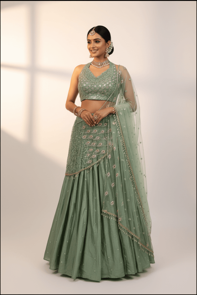 Heavy Chinon Silk Lehenga Choli | Sequence Embroidery & Net Pallu – Ready to Wear - Rosepetals Luxe