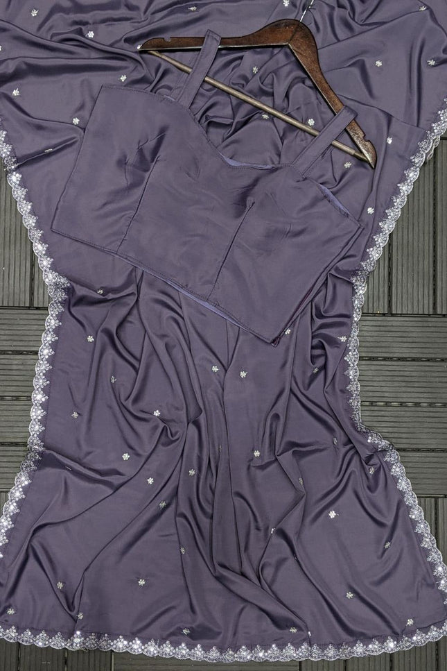 Heavy Crepe Satin Embroidery Saree with Jacket (Koti) and Blouse - Rosepetals Luxe