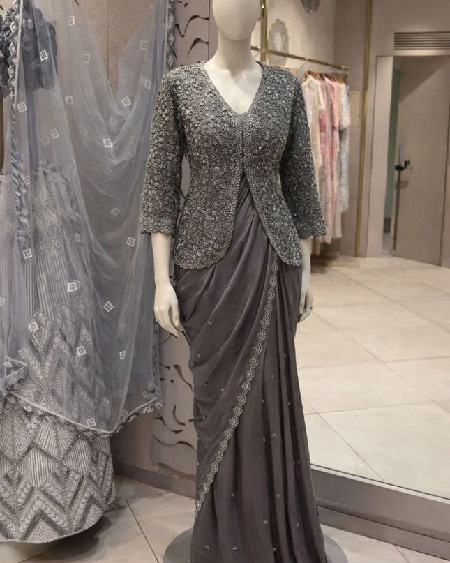Heavy Crepe Satin Embroidery Saree with Jacket (Koti) and Blouse - Rosepetals Luxe