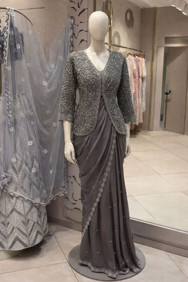 Heavy Crepe Satin Embroidery Saree with Jacket (Koti) and Blouse - Rosepetals Luxe