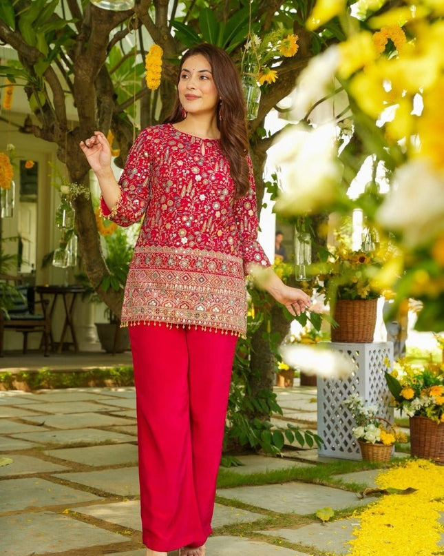 Heavy Crepe Silk Co - Ord Set With Embroidery Sequence Work - Rosepetals Luxe