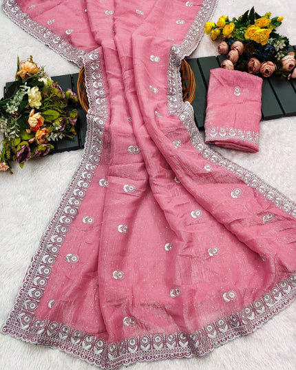 Heavy Crunchy Chiffon Embroidery Zari Diamond Saree with Blouse - Rosepetals Luxe