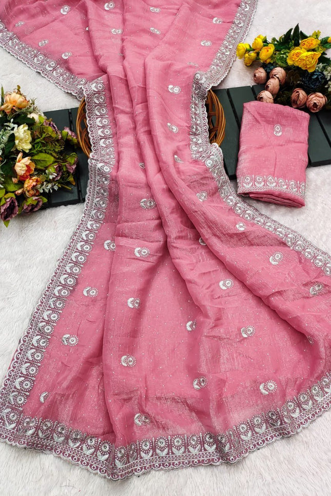 Heavy Crunchy Chiffon Embroidery Zari Diamond Saree with Blouse - Rosepetals Luxe