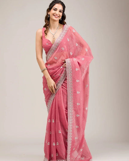 Heavy Crunchy Chiffon Embroidery Zari Diamond Saree with Blouse - Rosepetals Luxe