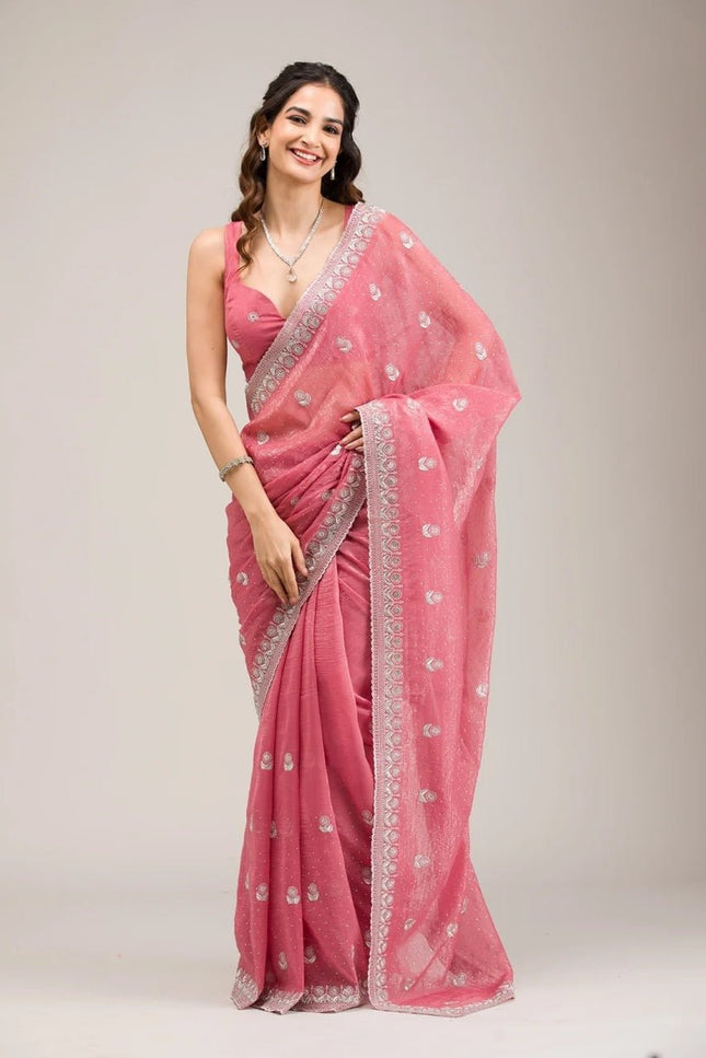 Heavy Crunchy Chiffon Embroidery Zari Diamond Saree with Blouse - Rosepetals Luxe