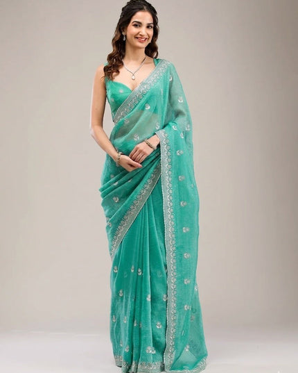 Heavy Crunchy Chiffon Embroidery Zari Diamond Saree with Blouse - Rosepetals Luxe