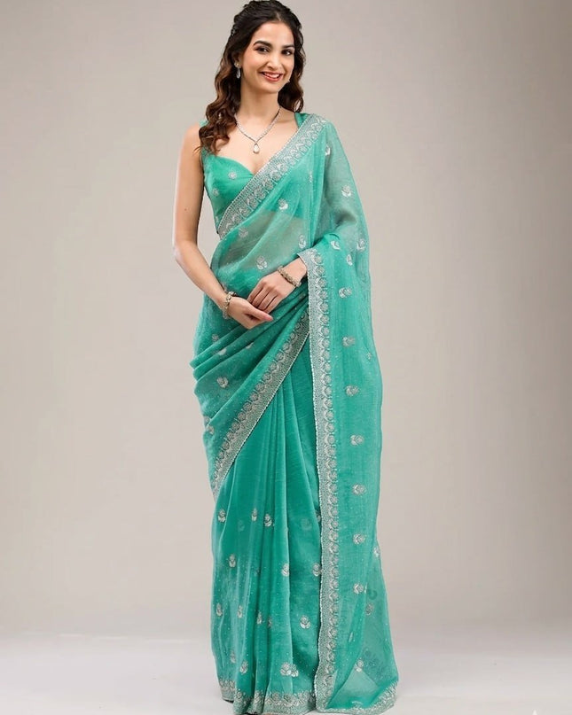 Heavy Crunchy Chiffon Embroidery Zari Diamond Saree with Blouse - Rosepetals Luxe