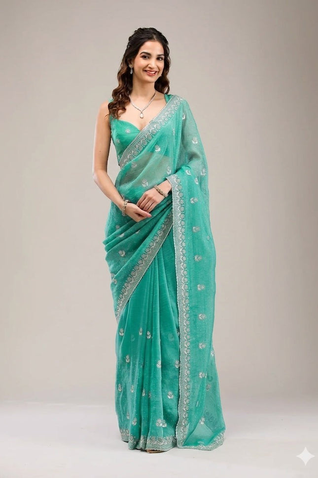 Heavy Crunchy Chiffon Embroidery Zari Diamond Saree with Blouse - Rosepetals Luxe