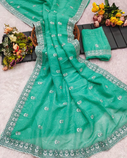 Heavy Crunchy Chiffon Embroidery Zari Diamond Saree with Blouse - Rosepetals Luxe