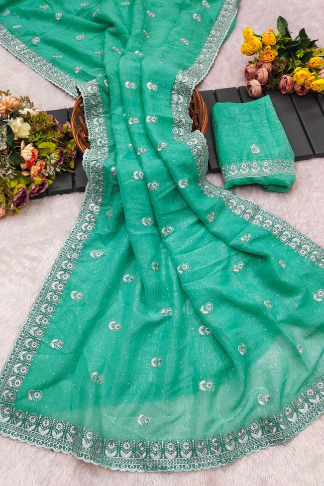 Heavy Crunchy Chiffon Embroidery Zari Diamond Saree with Blouse - Rosepetals Luxe