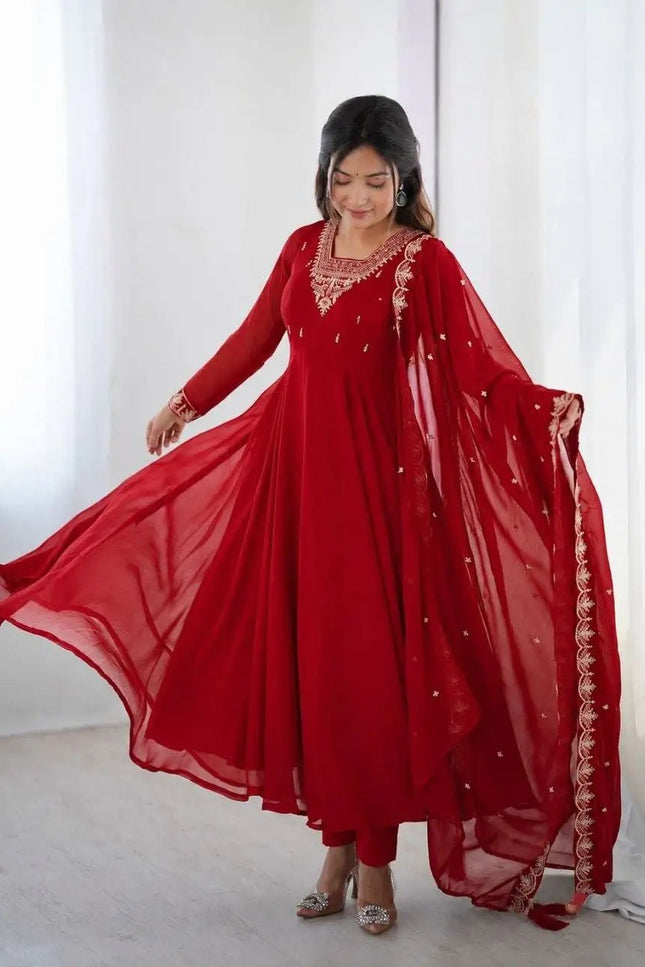 Heavy Embroidered Georgette Anarkali Set | Chanderi-Silk Bottom & Dupatta | Festive 3-Piece - Rosepetals Luxe