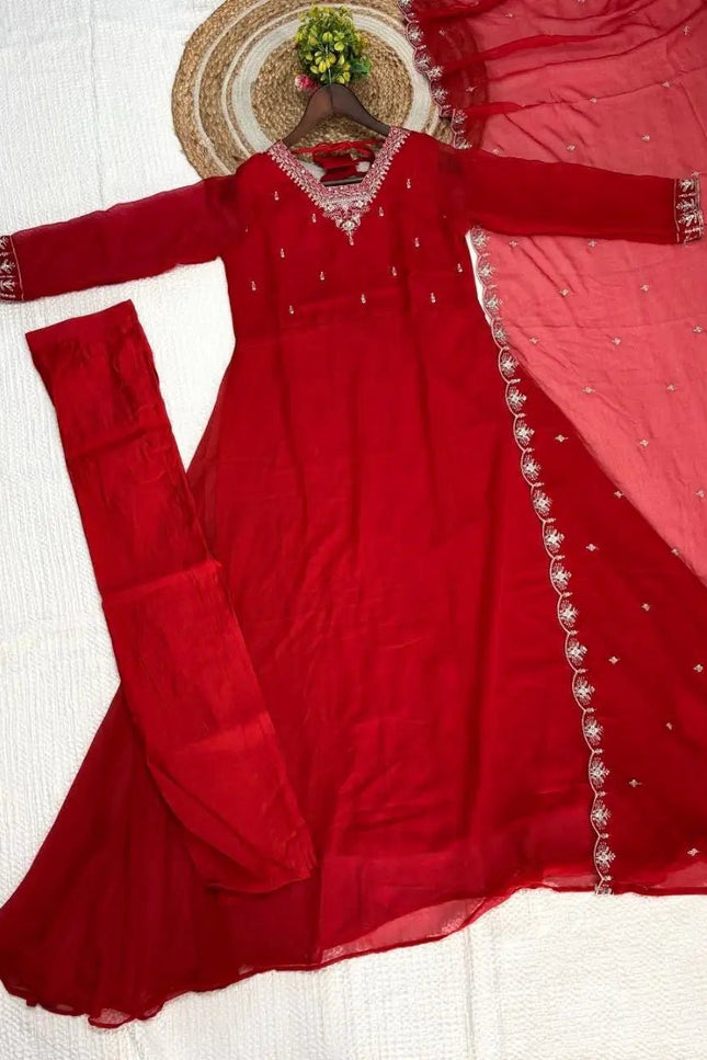 Heavy Embroidered Georgette Anarkali Set | Chanderi-Silk Bottom & Dupatta | Festive 3-Piece - Rosepetals Luxe