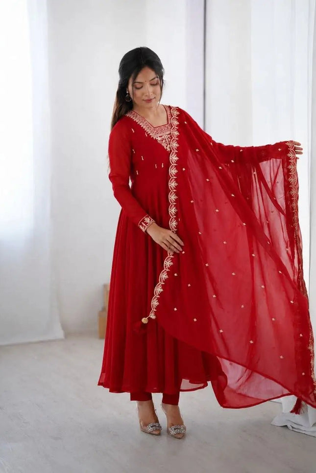 Heavy Embroidered Georgette Anarkali Set | Chanderi-Silk Bottom & Dupatta | Festive 3-Piece - Rosepetals Luxe