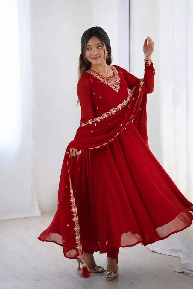 Heavy Embroidered Georgette Anarkali Set | Chanderi-Silk Bottom & Dupatta | Festive 3-Piece - Rosepetals Luxe