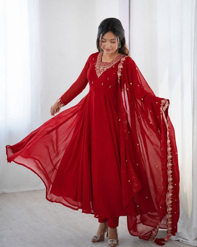Heavy Embroidered Georgette Anarkali Suit Set | Chanderi-Silk Bottom & Dupatta | Festive 3-Piece - Rosepetals Luxe