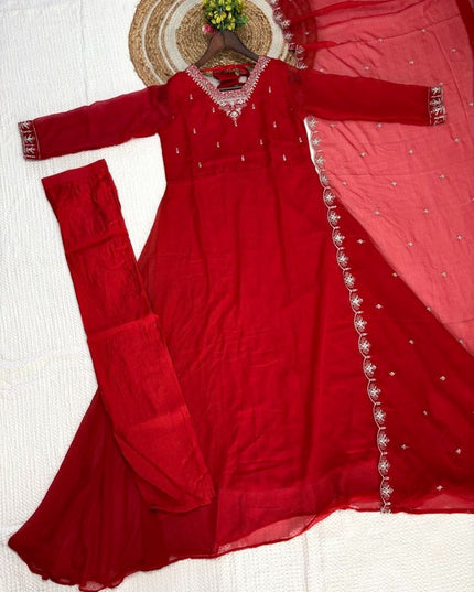 Heavy Embroidered Georgette Anarkali Suit Set | Chanderi-Silk Bottom & Dupatta | Festive 3-Piece - Rosepetals Luxe