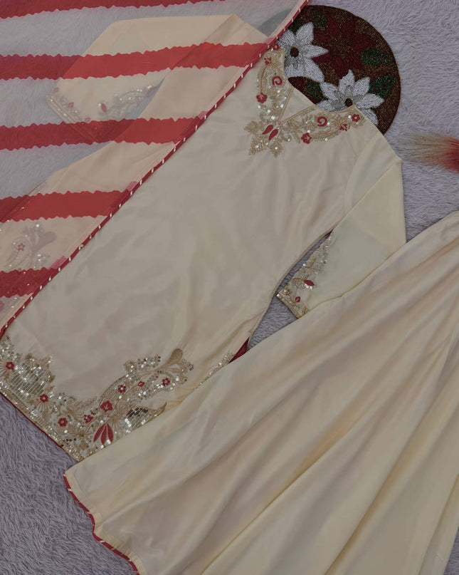 Heavy Embroidery & Sequence Work Crepe Silk Top - Palazzo with Dupatta - Rosepetals Luxe