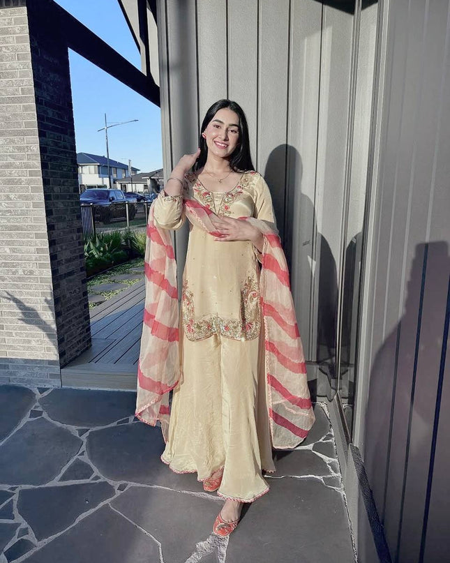 Heavy Embroidery & Sequence Work Crepe Silk Top - Palazzo with Dupatta - Rosepetals Luxe