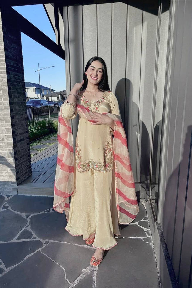 Heavy Embroidery & Sequence Work Crepe Silk Top - Palazzo with Dupatta - Rosepetals Luxe