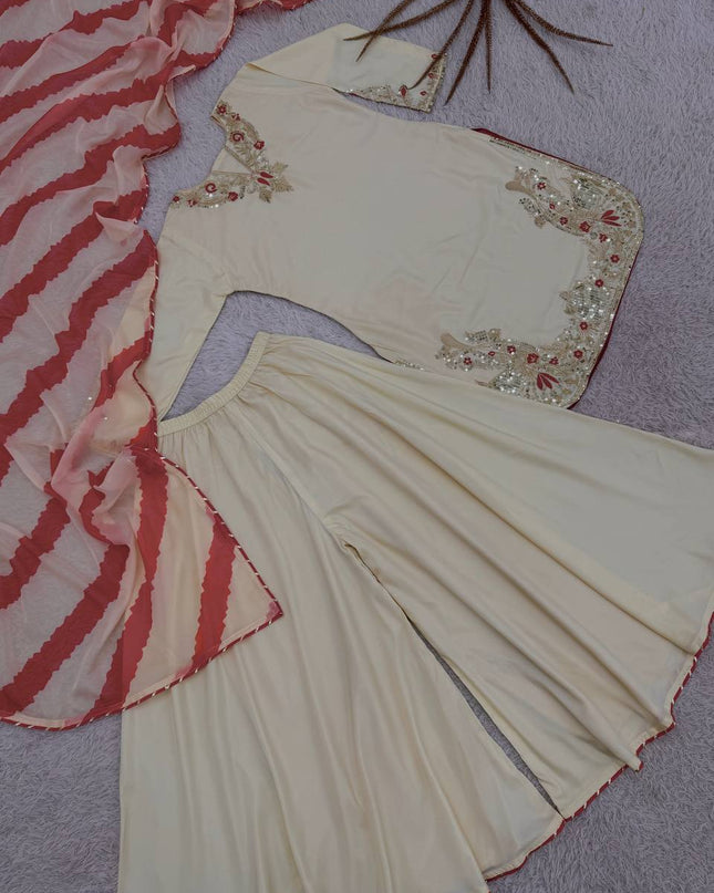 Heavy Embroidery & Sequence Work Crepe Silk Top - Palazzo with Dupatta - Rosepetals Luxe