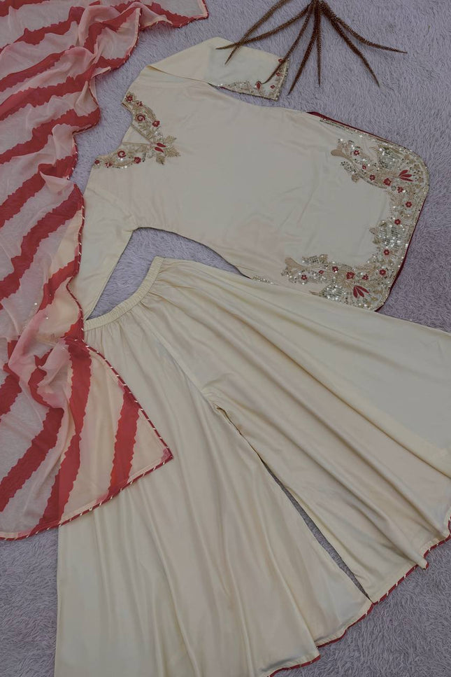 Heavy Embroidery & Sequence Work Crepe Silk Top - Palazzo with Dupatta - Rosepetals Luxe