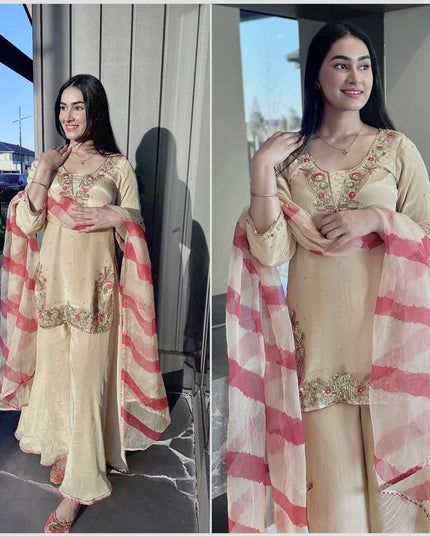 Heavy Embroidery & Sequence Work Crepe Silk Top - Palazzo with Dupatta - Rosepetals Luxe