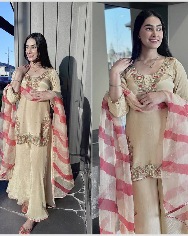 Heavy Embroidery & Sequence Work Crepe Silk Top - Palazzo with Dupatta - Rosepetals Luxe