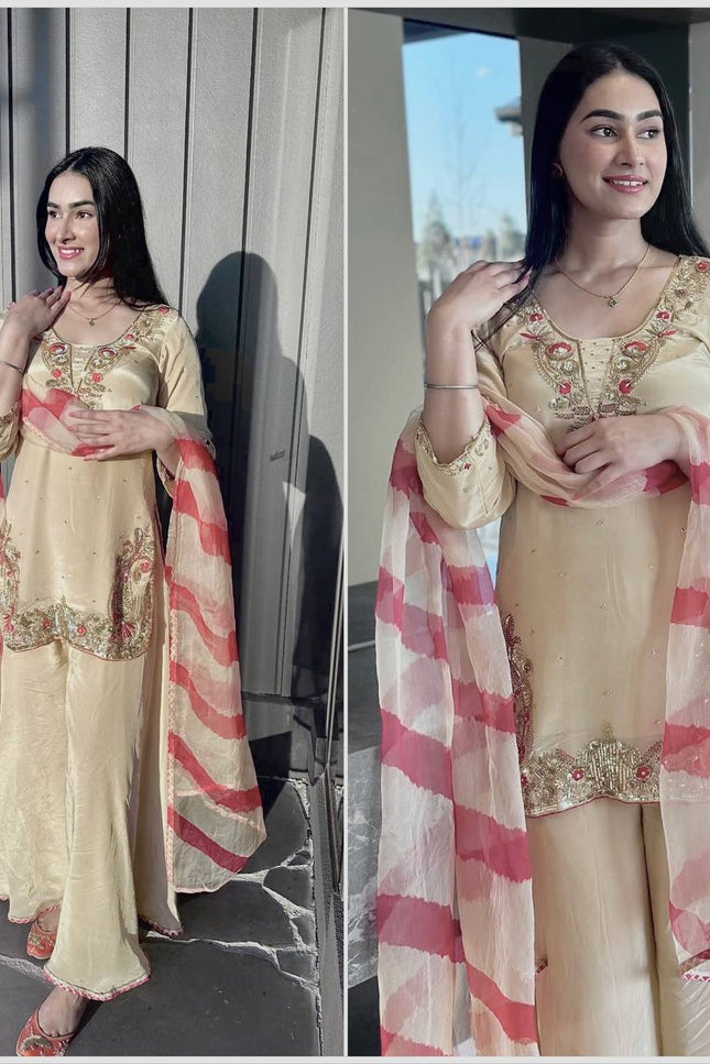 Heavy Embroidery & Sequence Work Crepe Silk Top - Palazzo with Dupatta - Rosepetals Luxe
