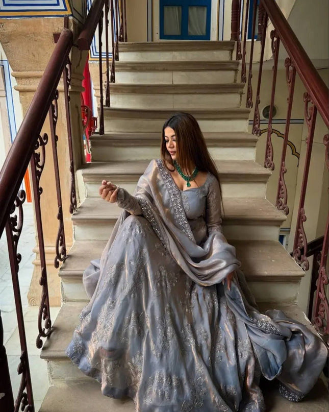 Heavy Fandy Silk Designer Anarkali Suit | Hand Work & Embroidery | Perfect For Festivals and Celebrations - Rosepetals Luxe