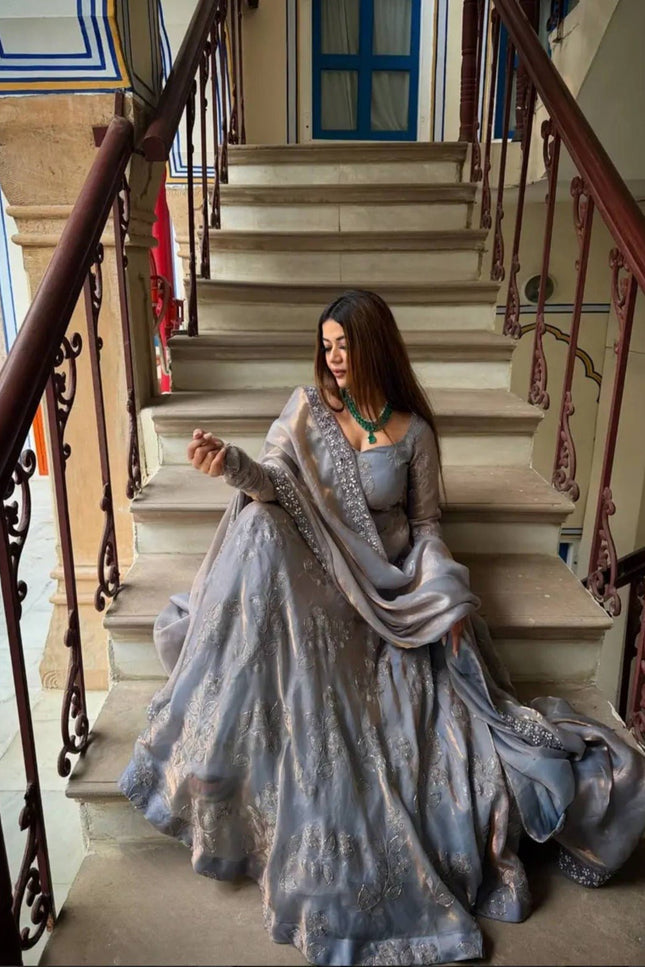 Heavy Fandy Silk Designer Anarkali Suit | Hand Work & Embroidery | Perfect For Festivals and Celebrations - Rosepetals Luxe