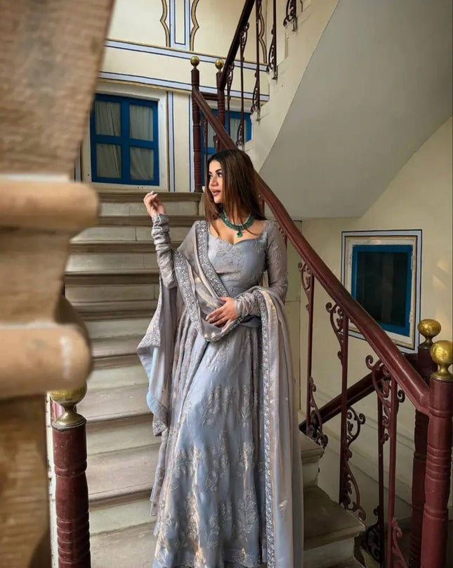 Heavy Fandy Silk Designer Anarkali Suit | Hand Work & Embroidery | Perfect For Festivals and Celebrations - Rosepetals Luxe