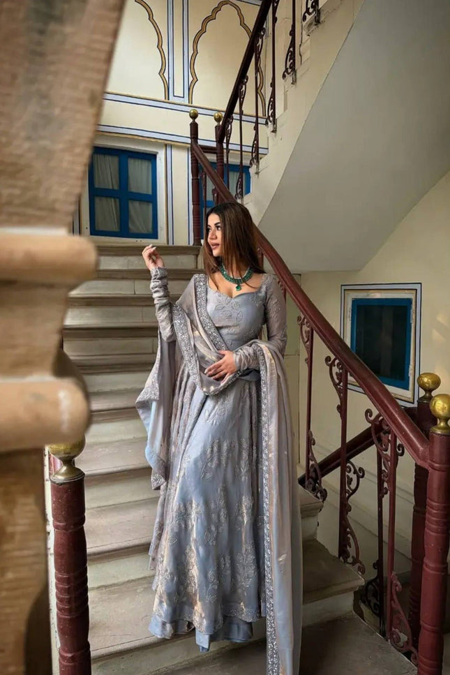 Heavy Fandy Silk Designer Anarkali Suit | Hand Work & Embroidery | Perfect For Festivals and Celebrations - Rosepetals Luxe