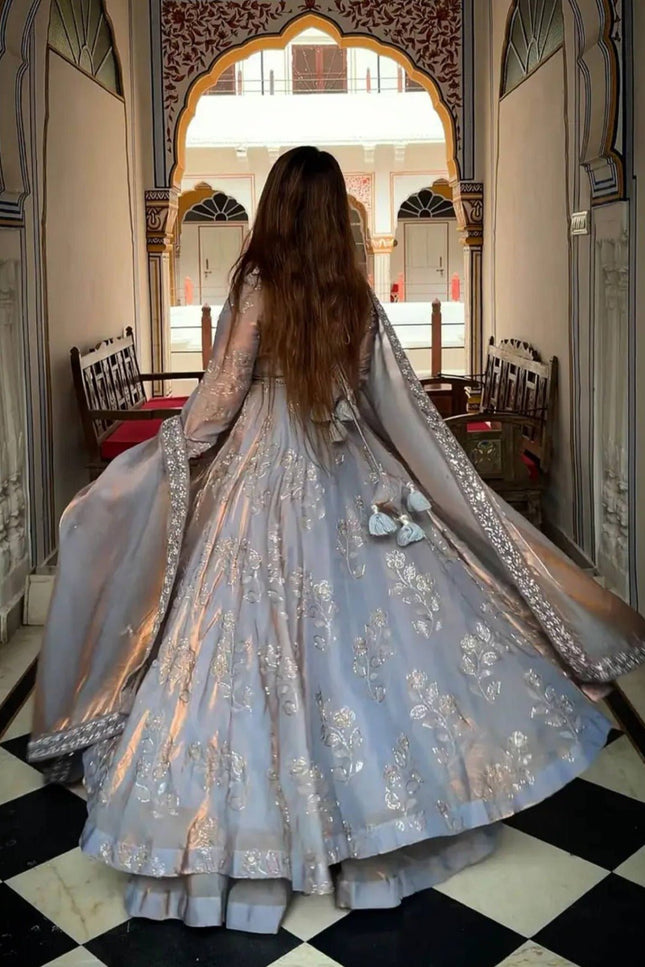 Heavy Fandy Silk Designer Anarkali Suit | Hand Work & Embroidery | Perfect For Festivals and Celebrations - Rosepetals Luxe