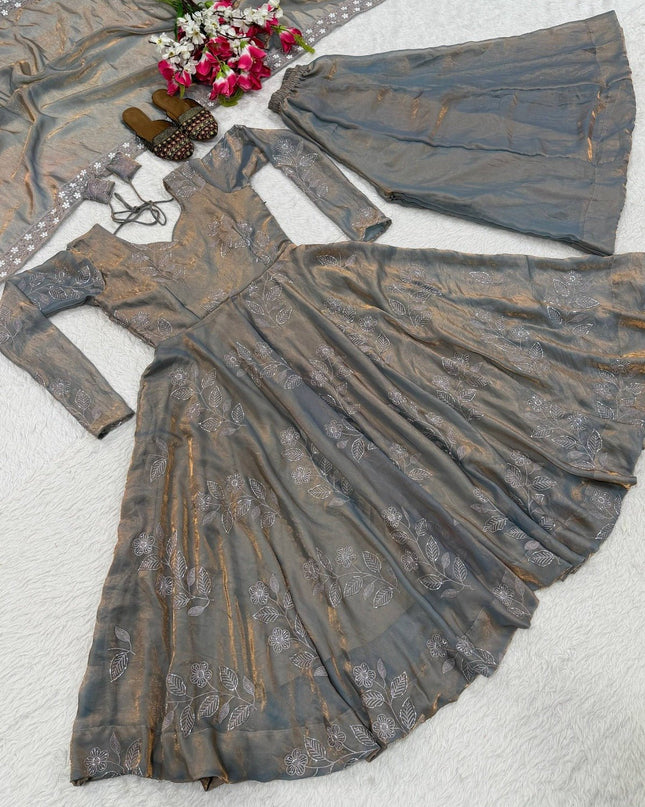 Heavy Fandy Silk Designer Anarkali Suit | Hand Work & Embroidery | Perfect For Festivals and Celebrations - Rosepetals Luxe