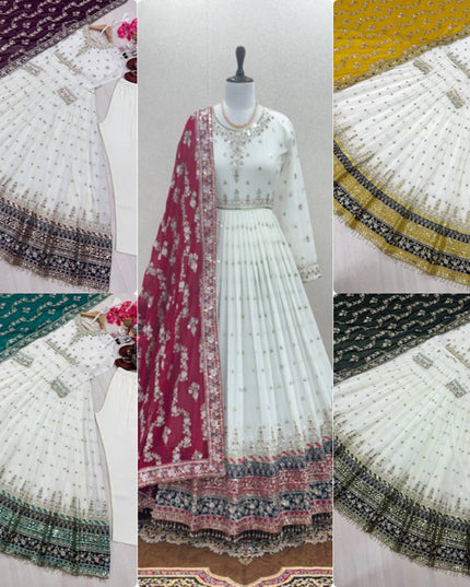 Heavy Faux Georgette Embroidered Gown Set with Dupatta & Bottom - Rosepetals Luxe