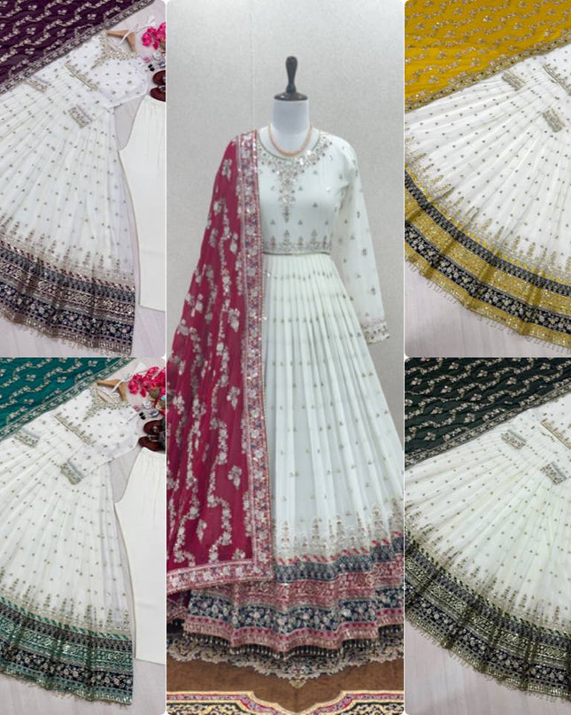 Heavy Faux Georgette Embroidered Gown Set with Dupatta & Bottom - Rosepetals Luxe