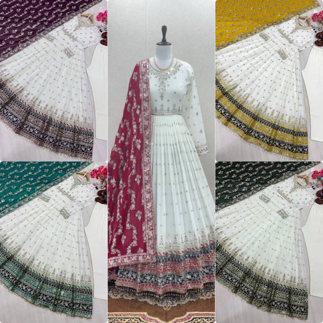 Heavy Faux Georgette Embroidered Gown Set with Dupatta & Bottom - Rosepetals Luxe