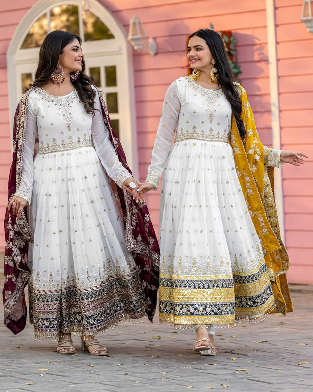 Heavy Faux Georgette Embroidered Gown Set with Dupatta & Bottom - Rosepetals Luxe