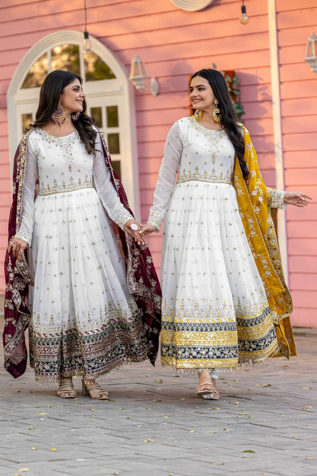 Heavy Faux Georgette Embroidered Gown Set with Dupatta & Bottom - Rosepetals Luxe