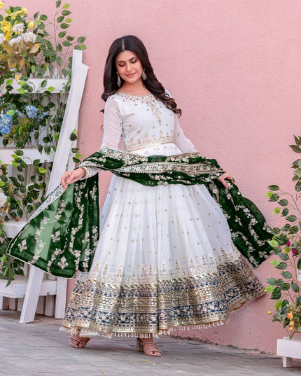 Heavy Faux Georgette Embroidered Gown Set with Dupatta & Bottom - Rosepetals Luxe