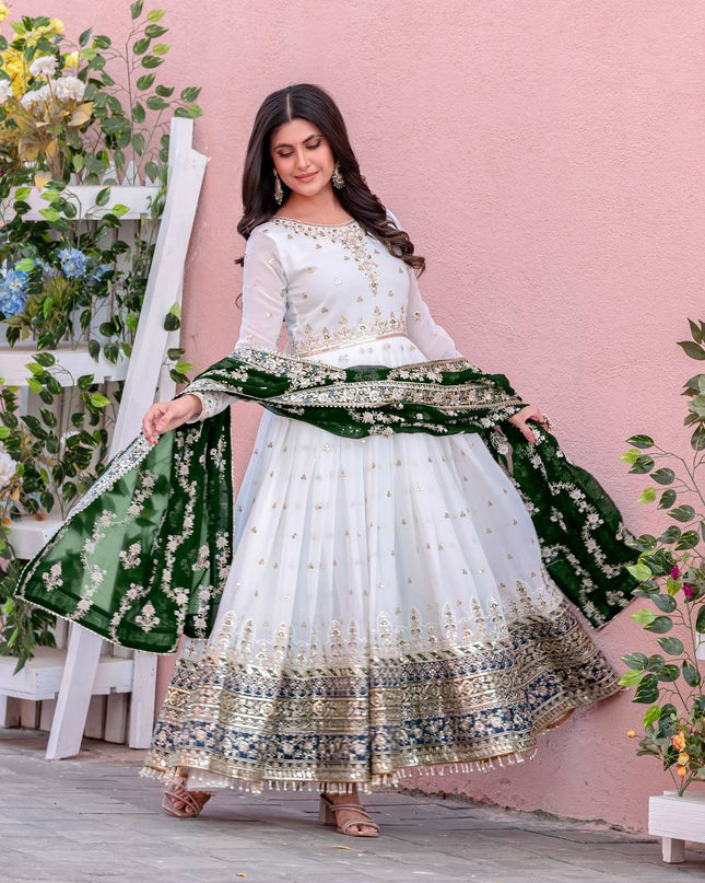 Heavy Faux Georgette Embroidered Gown Set with Dupatta & Bottom - Rosepetals Luxe
