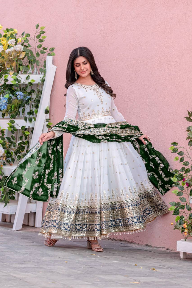 Heavy Faux Georgette Embroidered Gown Set with Dupatta & Bottom - Rosepetals Luxe