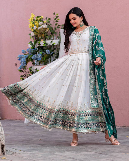 Heavy Faux Georgette Embroidered Gown Set with Dupatta & Bottom - Rosepetals Luxe