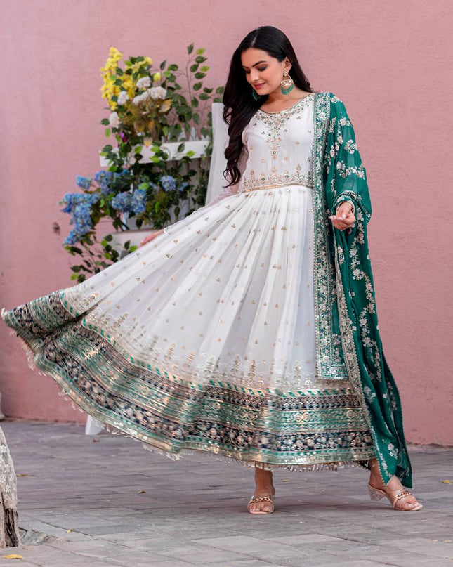 Heavy Faux Georgette Embroidered Gown Set with Dupatta & Bottom - Rosepetals Luxe