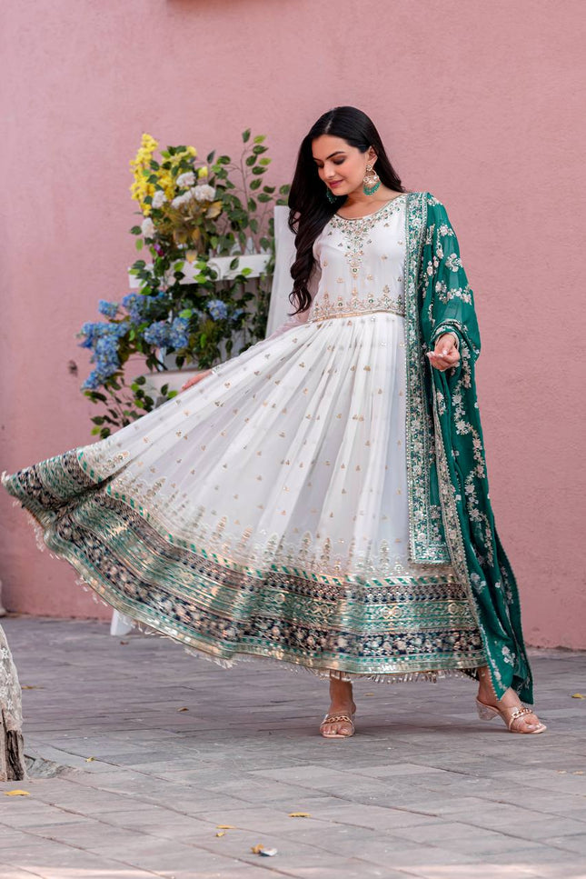 Heavy Faux Georgette Embroidered Gown Set with Dupatta & Bottom - Rosepetals Luxe