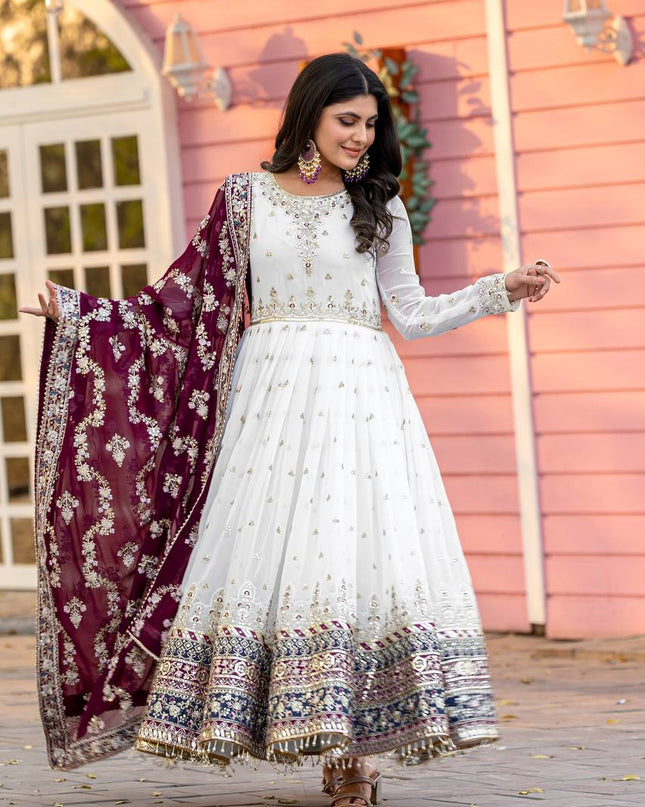 Heavy Faux Georgette Embroidered Gown Set with Dupatta & Bottom - Rosepetals Luxe