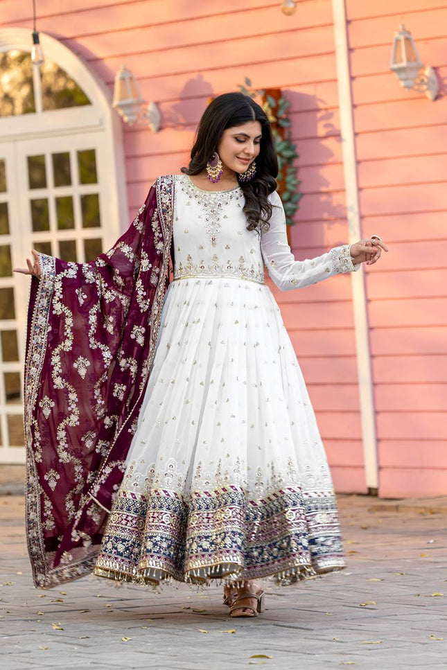 Heavy Faux Georgette Embroidered Gown Set with Dupatta & Bottom - Rosepetals Luxe