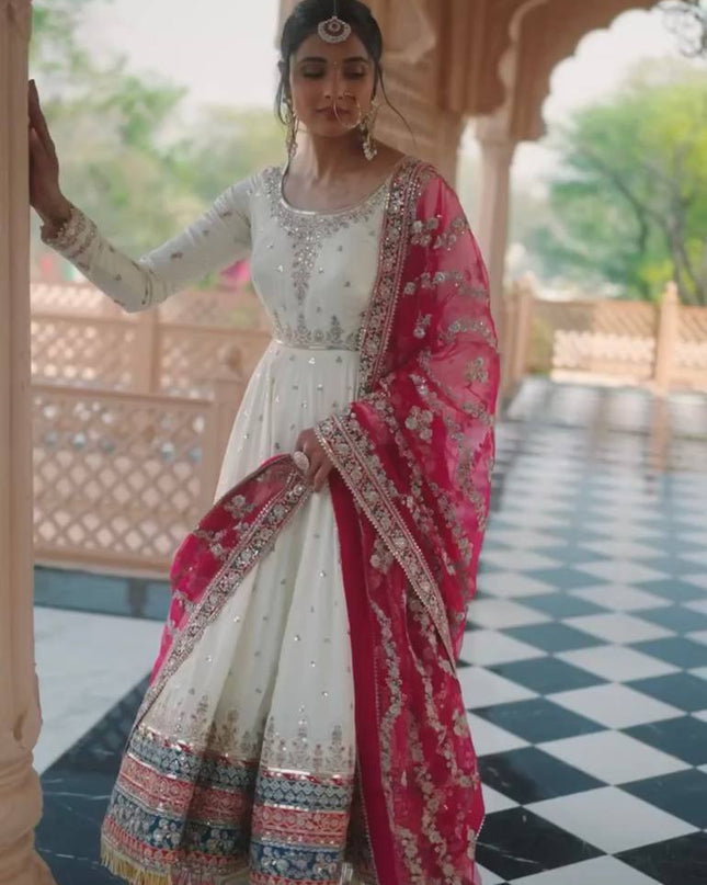 Heavy Faux Georgette Embroidered Gown Set with Dupatta & Bottom - Rosepetals Luxe