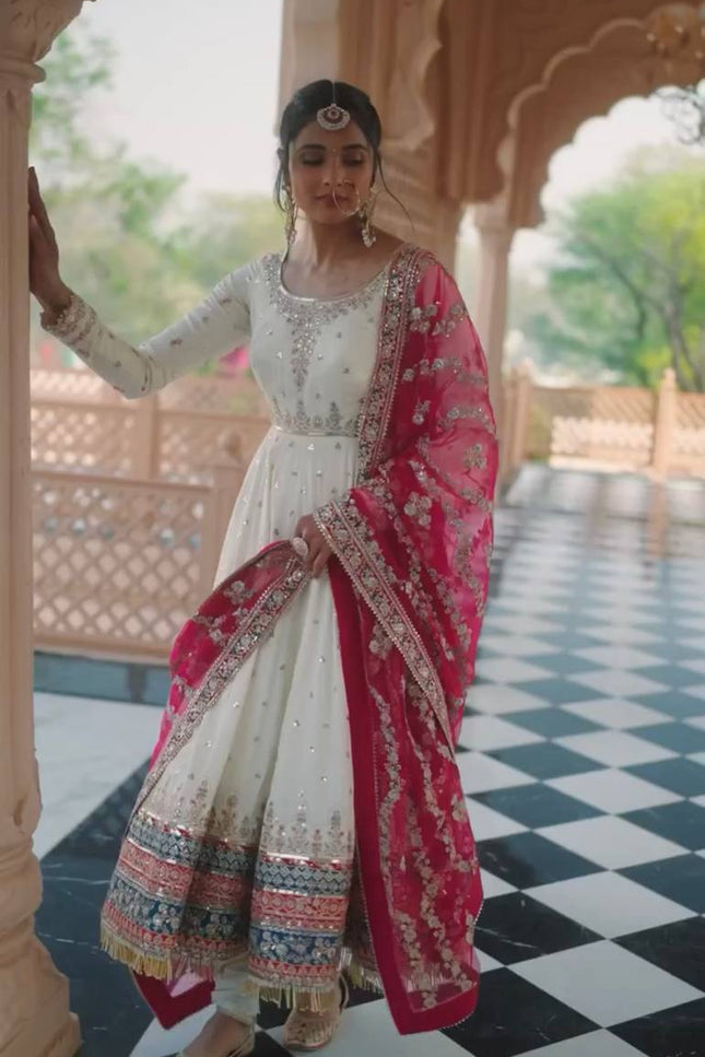 Heavy Faux Georgette Embroidered Gown Set with Dupatta & Bottom - Rosepetals Luxe