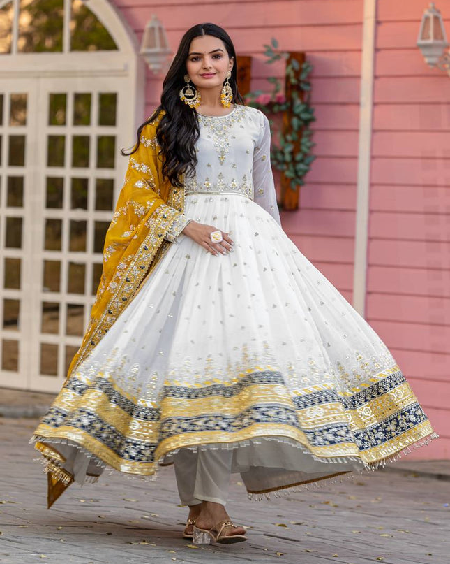 Heavy Faux Georgette Embroidered Gown Set with Dupatta & Bottom - Rosepetals Luxe